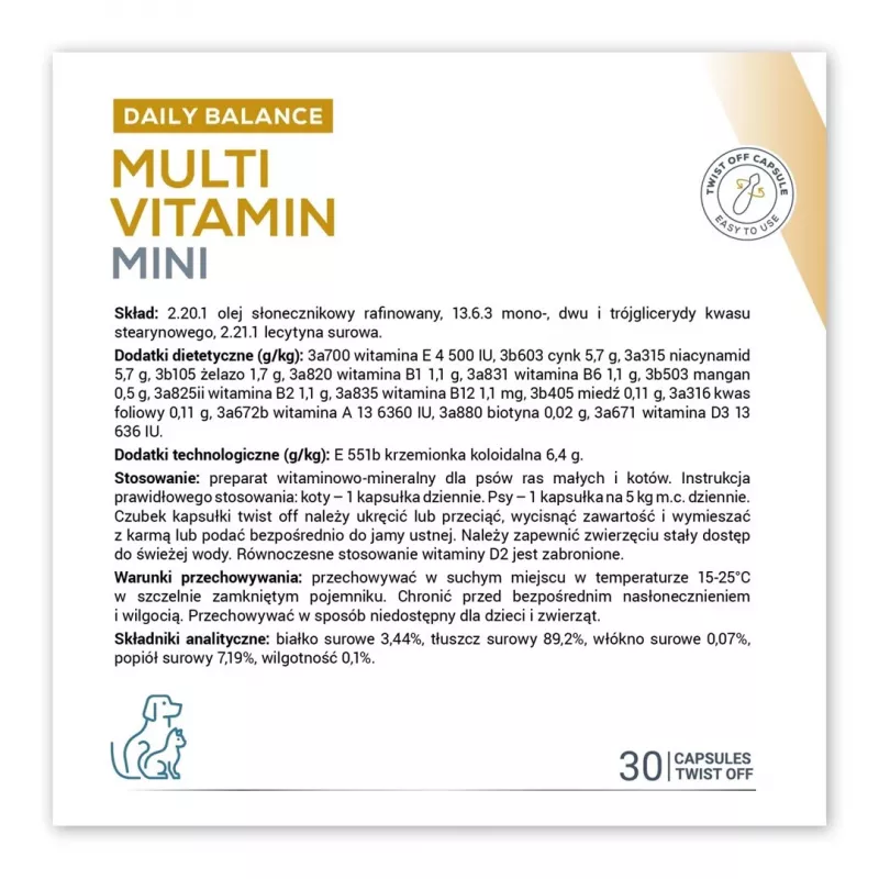 Multivitaminų papildas VETEXPERT Mini — 30 kapsulių mažiems suaugusiems augintiniams, be vištienos, be cukraus, be glitimo