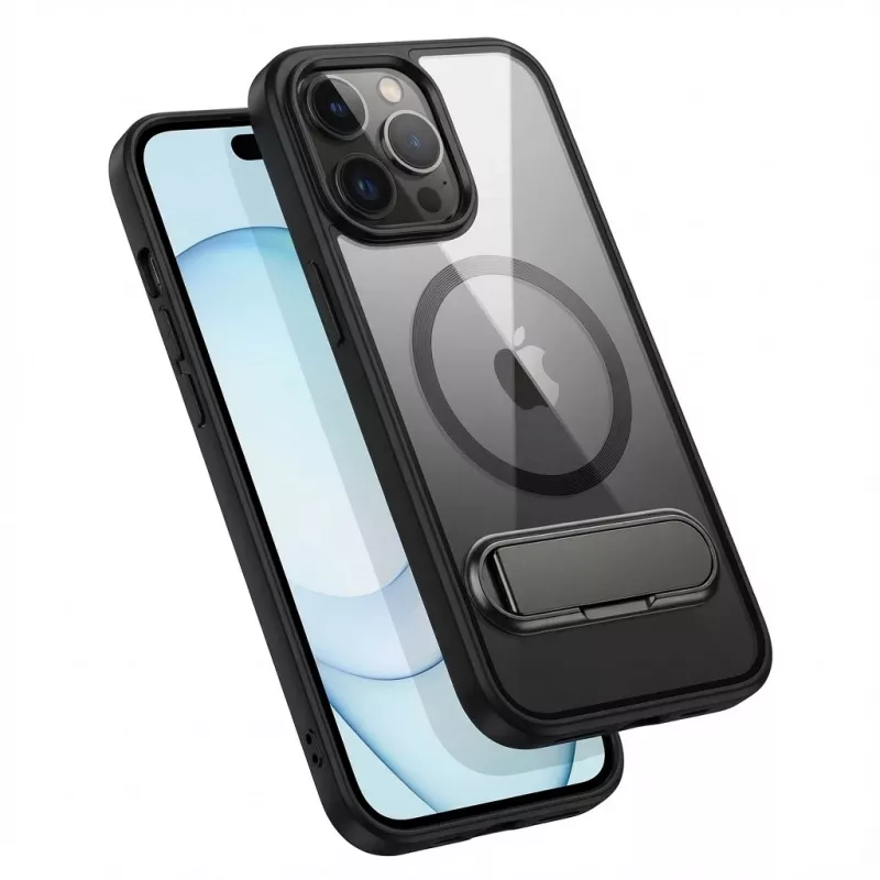 Apsauginis GUAN dėklas, skirtas iPhone 16 Pro Max — grūdinto stiklo nugarėlė, integruotas atraminis stovas, permatoma juoda