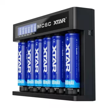 Baterijų įkroviklis XTAR MC6C kelių lizdų išmanusis įkroviklis cilindriniams ličio jonų akumuliatoriams, 6 lizdai, palaiko 18650/21700/AA, 5 V įvestis, juodas