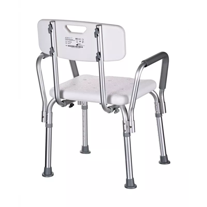 Dušo kėdė ActionMed KP300AM su atlošu ir porankiais, polipropilenas, reguliuojamas aukštis 43–56 cm, sėdynė 40×33 cm, maks. naudotojo svoris 110 kg