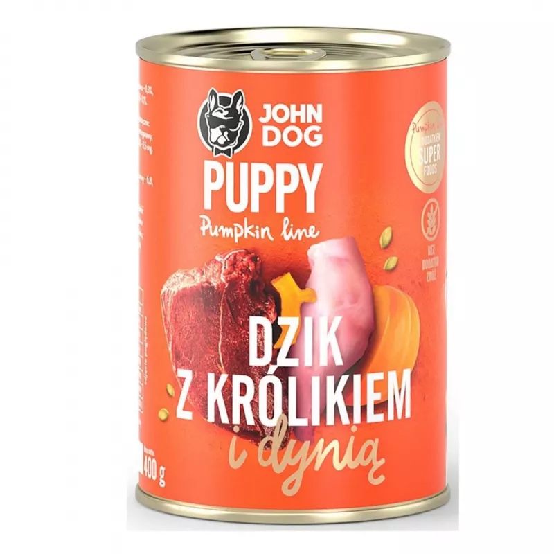 Šlapias šuniukų maistas john dog PUMPKIN SZCZENIAK 400 g — šuniukų formulė su elniena, triušiena ir moliūgu, be glitimo