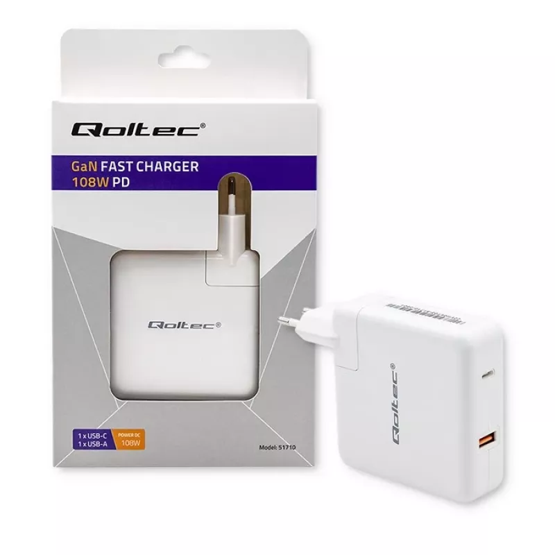 Qoltec GaN Charger FAST 108W | 5-20V | 3-4.7A | USB C | Balta