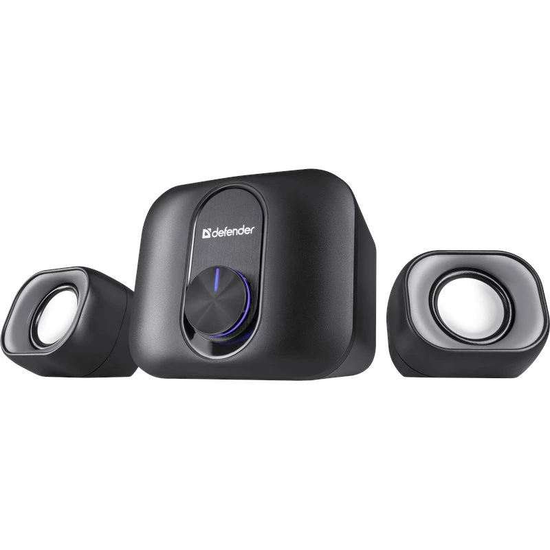 Staliniai 2.1 garsiakalbiai DEFENDER V13 — 11 W RMS (6 W palydovai, 5 W žemų dažnių garsiakalbis), maitinami per USB, 3,5 mm įvestis, juodi