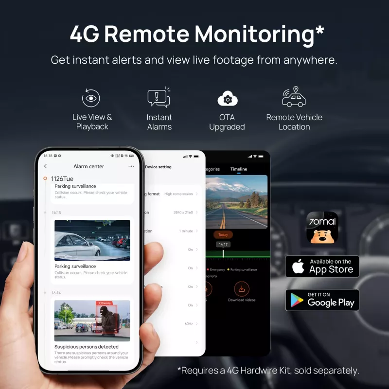 Automobilinis vaizdo registratorius 70mai A810S 4K Ultra HD, 3840×2160, 146° matymo kampas, 3 colių IPS, Wi‑Fi 6, GPS, MicroSD iki 512 GB, maitinimas iš cigarečių degiklio