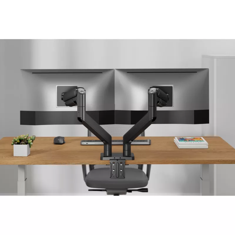 Monitoriaus laikiklis DIGITUS Dviejų monitorių laikiklis 2×45 colių ekranams, spaustuvas, 2×20 kg, VESA 75×75–100×100, pakreipimas -20–50°