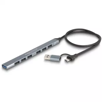 DELOCK 4 prievadų plonas USB šakotuvas — USB 3.2 Gen 1 priegloba Type-C, 3× USB 5 Gbps Type-C + 1× USB 5 Gbps Type-A, pilkas, metalinis