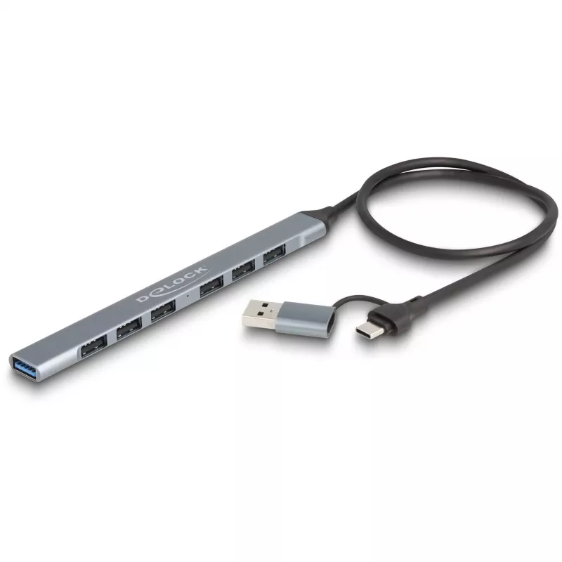 DELOCK 4 prievadų plonas USB šakotuvas — USB 3.2 Gen 1 priegloba Type-C, 3× USB 5 Gbps Type-C + 1× USB 5 Gbps Type-A, pilkas, metalinis