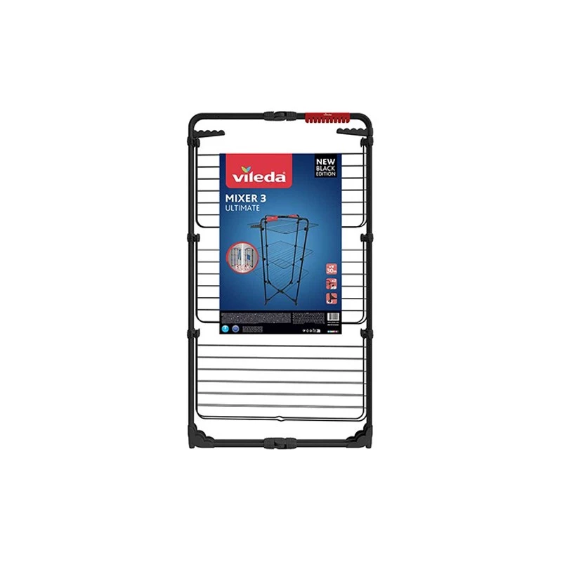 Prie sienos montuojama skalbinių džiovyklė VILEDA Mixer 3 Ultimate — plieninė, 30 m džiovinimo ploto, sulankstoma, ratukai, 131×93×71 cm