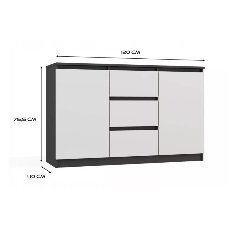 Komoda 2 durys 3 stalčiai top e shop M-MP-K-MAL-2D3S-ANTBIA — antracitinis rėmas, baltos durys, 1200×750×400 mm