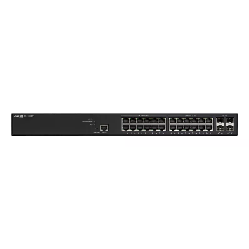 Valdomas LANCOM GS-3628XP komutatorius, 24× 2.5G RJ-45 prievadai, PoE, L2/L3, 1U montavimas į stelažą
