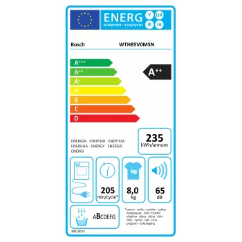 Bosch Džiovyklė su šilumos siurbliu | WTH85V0MSN | Energinio efektyvumo klasė E | Įkraunama iš priekio | 8 kg | LED | Gylis 61 cm | Balta