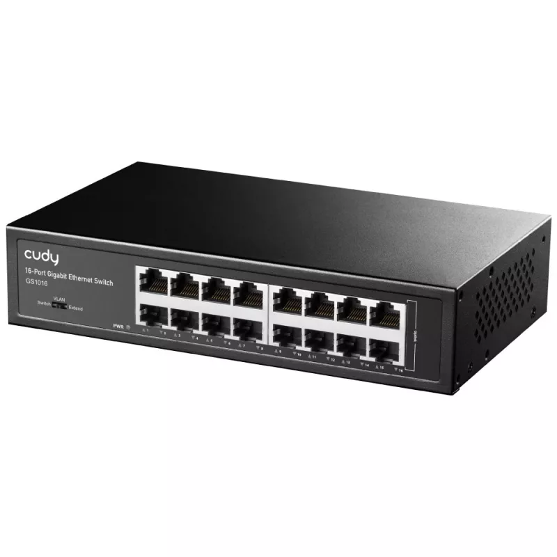 Tinklo jungiklis Cudy GS1016 — 16 prievadų Gigabit Ethernet (10/100/1000), 32 Gbit/s perjungimas, montuojamas į stelažą, maitinamas kintamąja srove