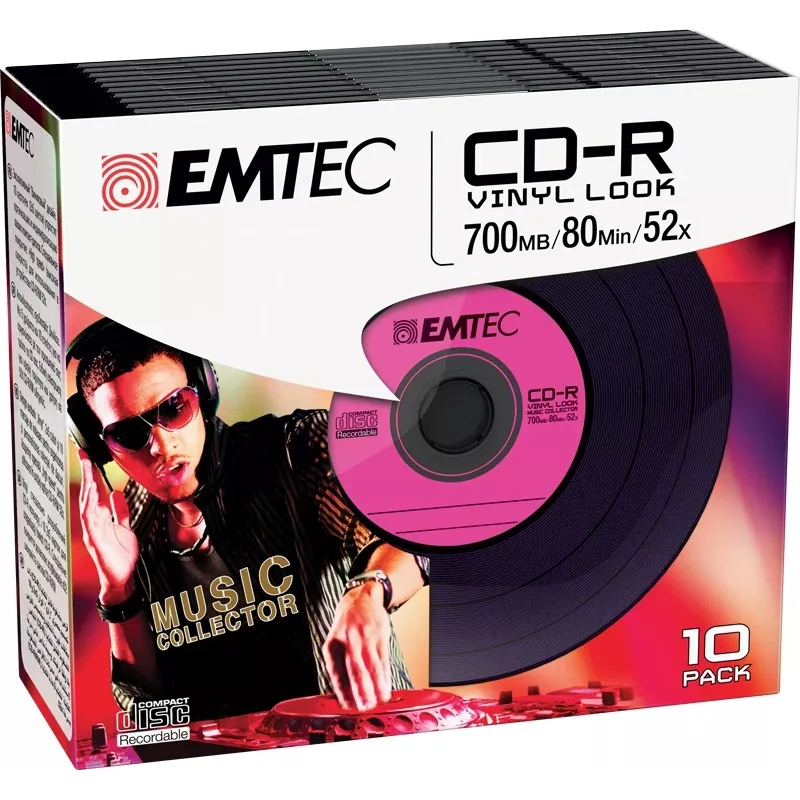 EMTEC Vinyl Look - 10 x CD-R - 700 MB (80 min.) 52x - mėlyna, geltona, alyvinė, žalia, rožinė - plonas jewel dėklas