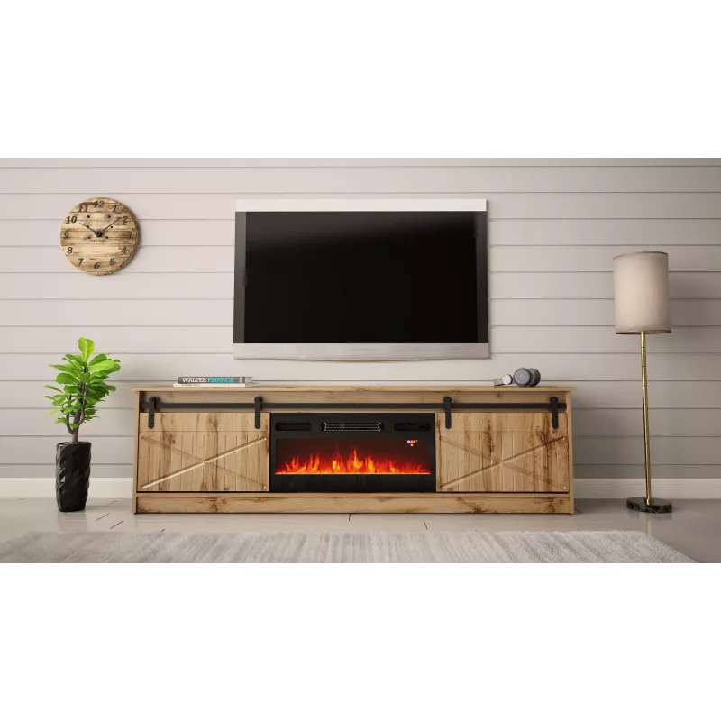 TV cabinet Cama Meble GRANERO su židinio spintele, Wotan ąžuolas, 2000×350×567 mm, 2 durelės, 2 lentynos