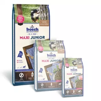 Sausas šuniukų maistas Bosch MAXI JUNIOR 15 kg — vištiena, didelių veislių šuniukams (10–15,9 kg suaugusio šuns svoris)