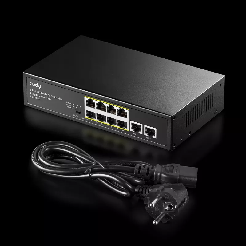 Tinklo jungiklis Cudy FS1010PG — 10/100 Mbps, 8 PoE prievadai, 2 aukštyn, 120 W PoE biudžetas, metalinis korpusas