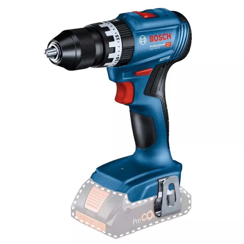 Akumuliatorinis gręžtuvas-suktuvas Bosch GSB 18 V — 18 V, 4 Ah ličio jonų, 45 N·m, 500/1900 aps./min., 35 mm mediena, 10 mm plienas, 2 baterijos, įkroviklis, dėklas