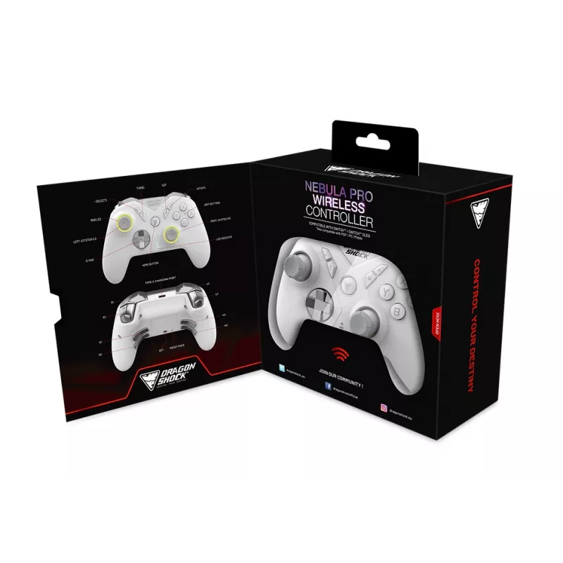 DragonShock Nebula Pro, žaidimų pultas, Nintendo Switch, kryptinis valdiklis, Pagrindinis mygtukas, Paleidimo mygtukas, Turbo mygtukas, Daugiafunkcinis, Belaidis, Bluetooth