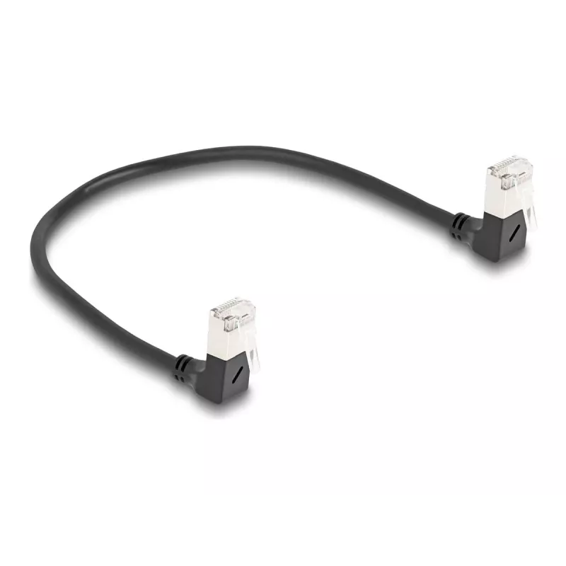 DeLOCK RJ45 tinklo kabelis Cat.6A S/FTP plonas 90° žemyn 0,25 m juodas
