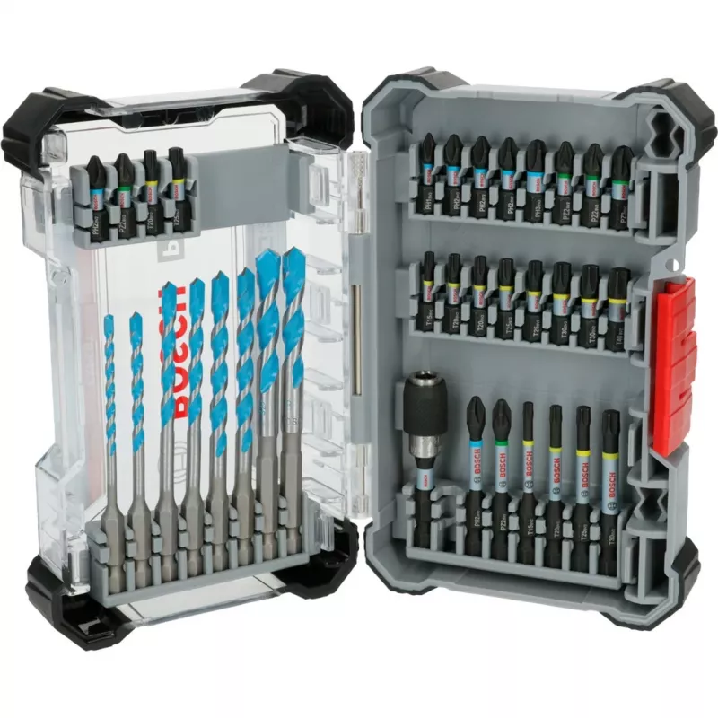 Smūginis grąžtų ir antgalių rinkinys Bosch PRO 35 vnt. 2608522518 — įvairūs grąžtai ir suktuvų antgaliai metalui, medžiui, mūrui