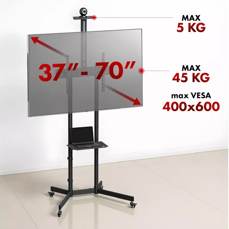 Maclean televizoriaus stovas / vežimėlis, lentyna kamerai, ant ratukų, 37-70, maks. apkrova 45kg/5kg lentyna, maks. VESA 600x400, MC-113 B