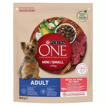 Sausas šunų ėdalas Purina Nestle Mini Adult su jautiena ir ryžiais 800 g — sausas pašaras mažiems suaugusiems šunims, 27% baltymai, 17% riebalų