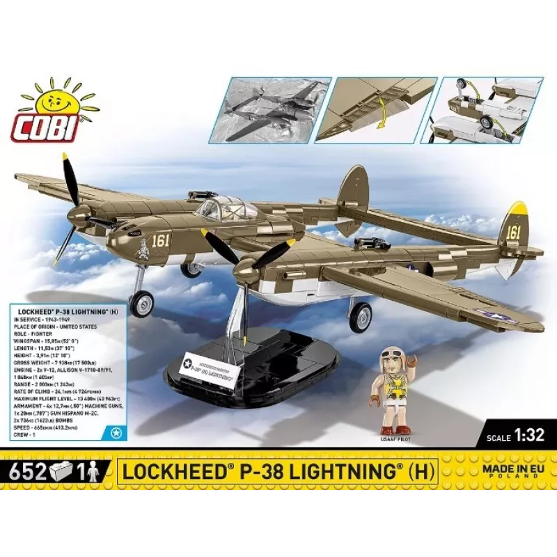 Cobi Building Blocks Lockheed P-38H Lightning rinkinys 5763 — mastelinis modelio rinkinys, kolekcinis lėktuvo modelis
