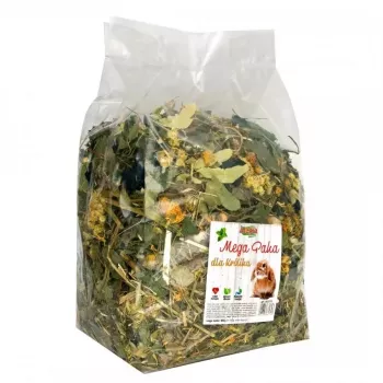 Pilnas triušių ėdalas Alegia Mega Box 650 g – augalinio skonio, be glitimo, be sojos, be cukraus, kietas pašaras maišelyje suaugusiems ir įvairaus amžiaus triušiams