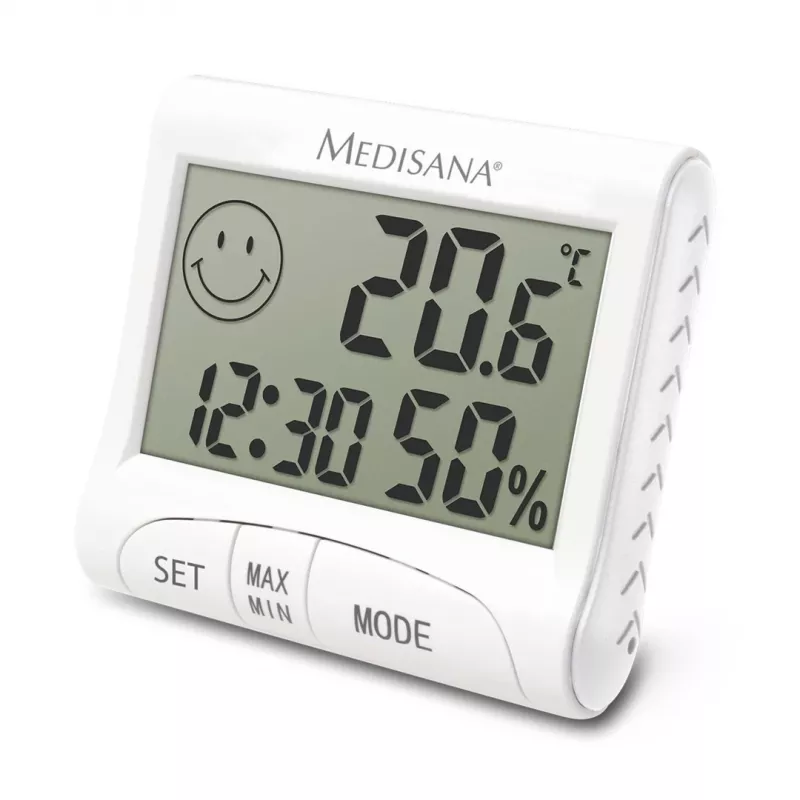 Elektroninis vidaus higrometras Medisana HG 100 — Skaitmeninis termometras, drėgmė 20–90%, temp. -10–50 °C, stalinis ekranas, baterija AAA