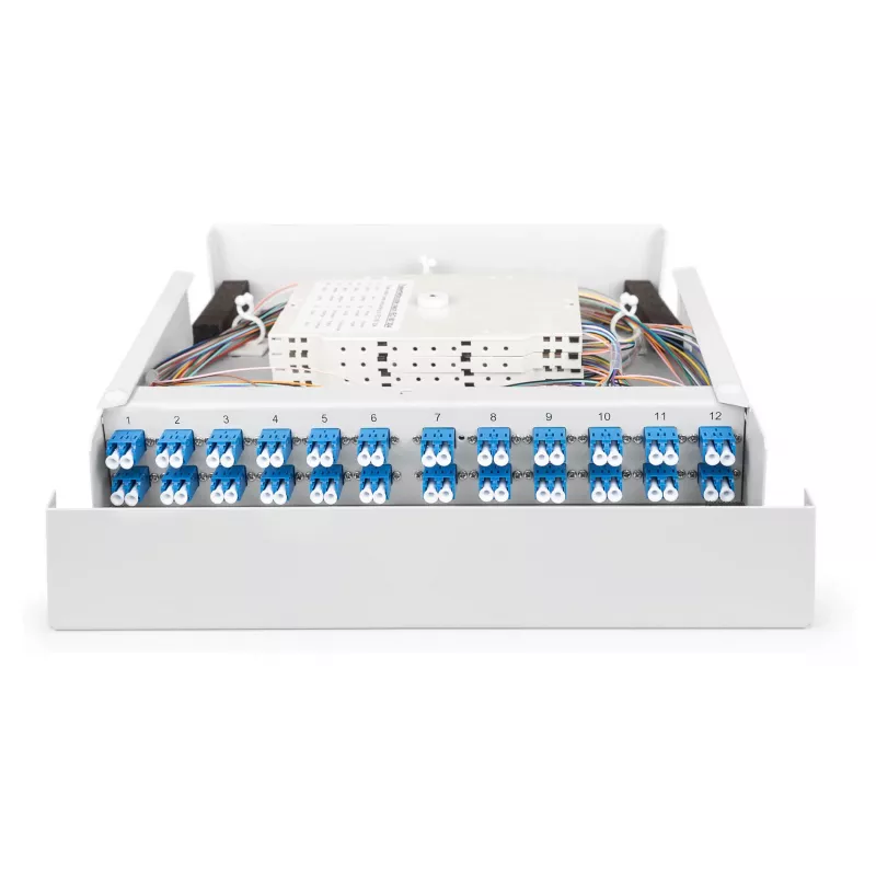 Prie sienos montuojamas šviesolaidinis korpusas DIGITUS DN-96843M-OS2, vienmodis, surinktas, 24×LC DX adapteriai su sujungimo laidais, plieninis, pilkas, 320×54×280 mm