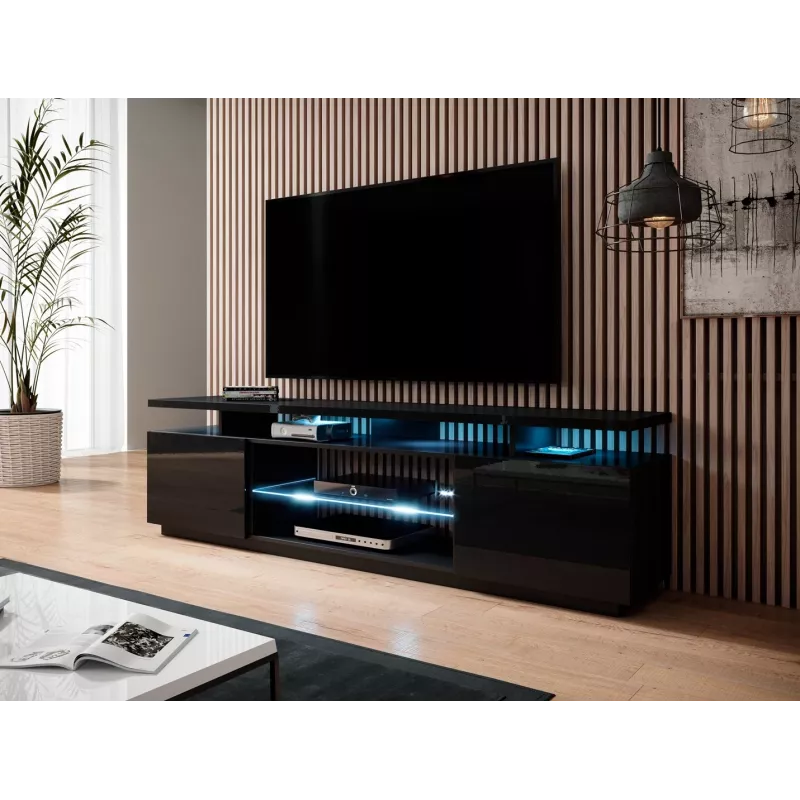 TV spintelė cama meble EVA 180x40x56 cm, juoda blizgi, MDF viršus, juodas rėmas