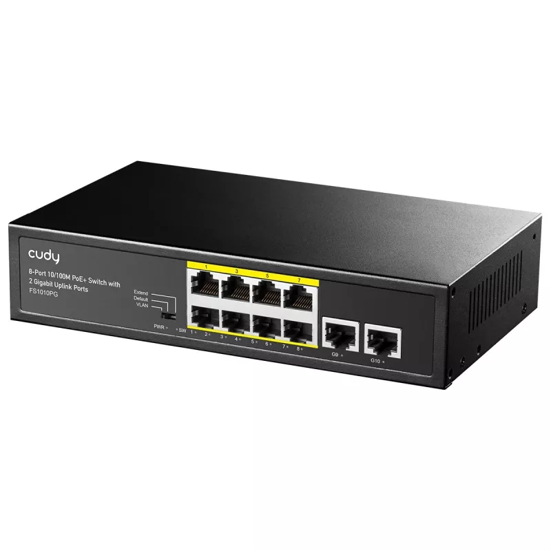Tinklo jungiklis Cudy FS1010PG — 10/100 Mbps, 8 PoE prievadai, 2 aukštyn, 120 W PoE biudžetas, metalinis korpusas