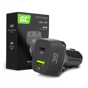 Automobilinis mobiliųjų įrenginių įkroviklis Green Cell CAD33, 42 W, USB-C PD + USB-A QC3.0, 12/24 V įvestis, 5–12 V išvestis