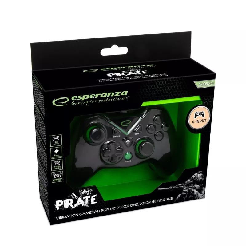 Žaidimų pultas Esperanza EGG114K laidinis USB 2.0 juodas — 12 mygtukų, 2 vairalazdės, vibracija, PC ir Xbox Series X/S/One