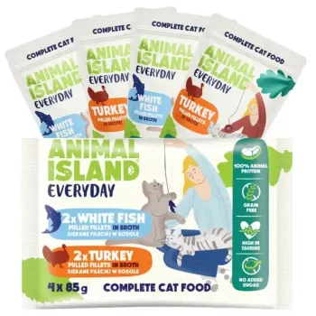 Šlapias kačių maistas animal island Everyday Kalakutienos ir baltos žuvies filė sultinyje 4×85 g pakeliai (4×85 g)