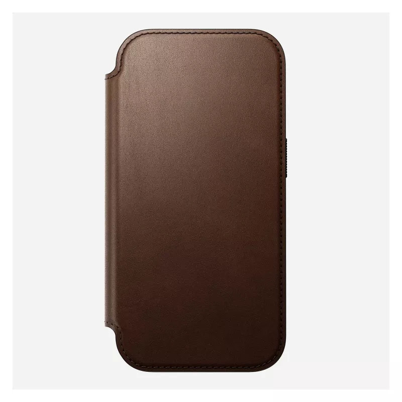 Odinis aplanko tipo telefono dėklas Nomad Modern Leather Folio, skirtas iPhone 17 Pro — rudas, tinka 6,3 colio (16 cm) ekranui, 4 kortelių kišenės