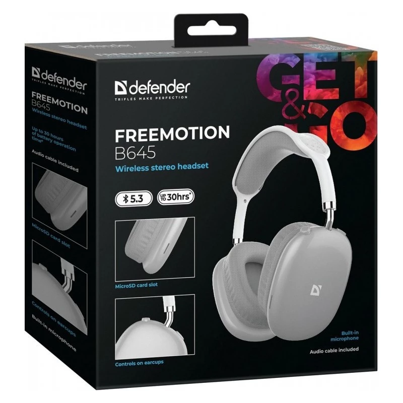 Belaidės uždedamos ausinės DEFENDER EEMOTION B645 — binauralinės, USB-C, AUX, 20–20 000 Hz, 105 dB jautris