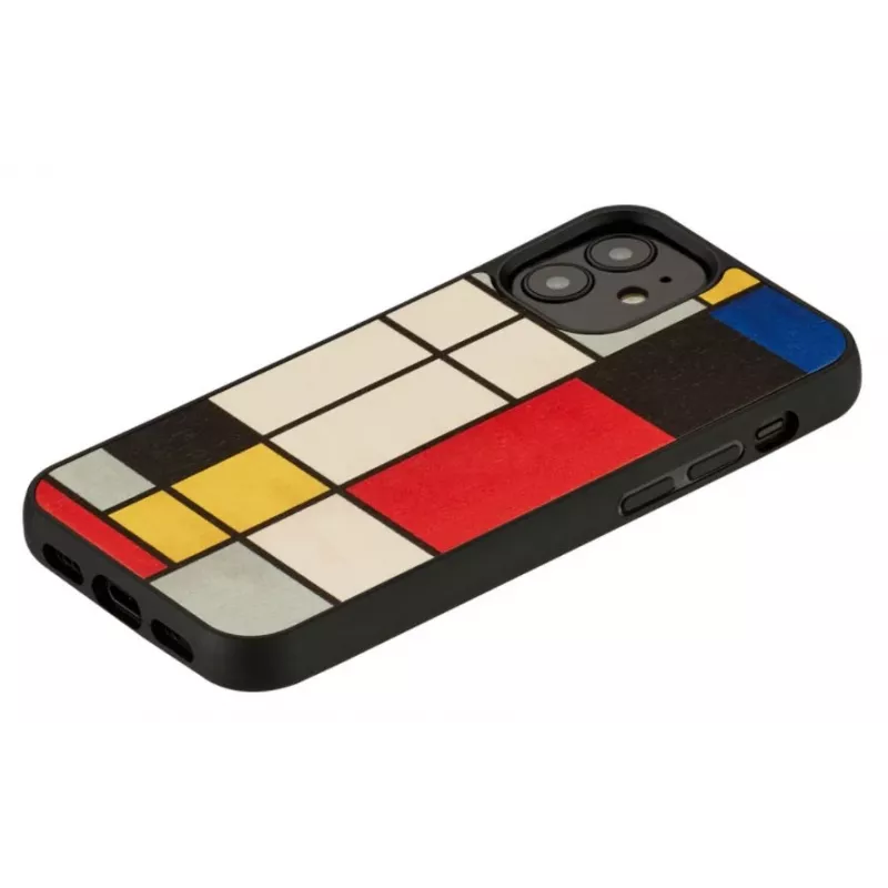Telefono dėklas Man and Wood, skirtas iPhone 12 mini — medinė nugarėlė, juodas rėmelis