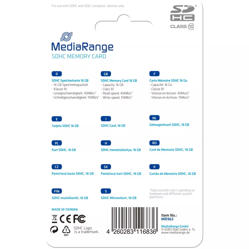 Atminties kortelė MediaRange 16GB SDHC Class 10 MR963