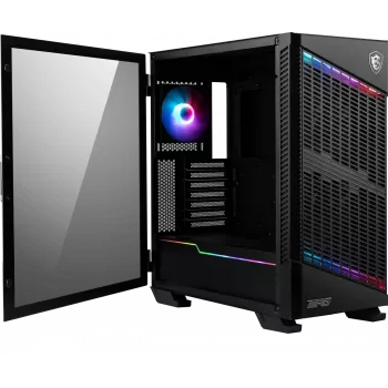 MSI MPG VELOX 100P AIRFLOW vidutinio bokšto žaidimų kompiuterio korpusas “Juodas, 3x 120 mm ventiliatorius + 1x 120 mm ARGB ventiliatorius, ARGB šviesos juosta, USB Type-C, 1x grūdintas stiklas, centras, E-ATX, ATX, mATX, mini-ITX”