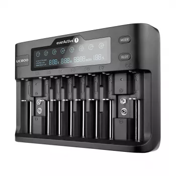 Baterijų įkroviklis everActive UC-800 AC 12 V 3 A – skirtas LiFePO4 / LiPo / NiMH, palaiko AA / AAA / 9 V, iki 10 baterijų, 12 V įvestis, įmontuotas ekranas, juodas