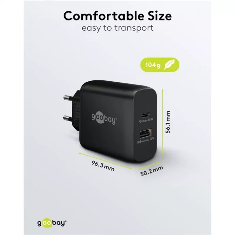 USB-C dvigubas greitasis įkroviklis, PD, GaN, 65 W (juodas, 1x USB-C, 1x USB-A, maitinimo tiekimas)