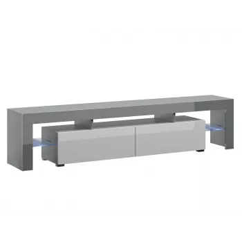 TV staliukas Cama Meble TORO 200 — 2000×350×410 mm, pilka viršutinė plokštė iš medžio drožlių plokštės, pilkas/baltas blizgesys