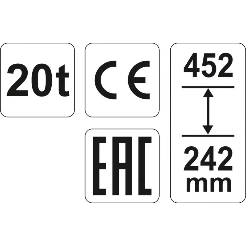 Mechaninis keltuvas YATO YT-17007, 20 000 kg keliamoji galia, kėlimo aukštis 24,2–45,2 cm, stūmoklis 150 mm, galvutė Ø45 mm, svoris 10,5 kg