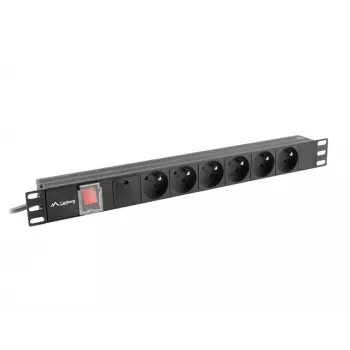 Maitinimo skirstymo įrenginys LANBERG PDU-06E-0200-BK — 6x E tipo lizdai, 16 A, 2 m kabelis, 1U stovas, 220–250 V