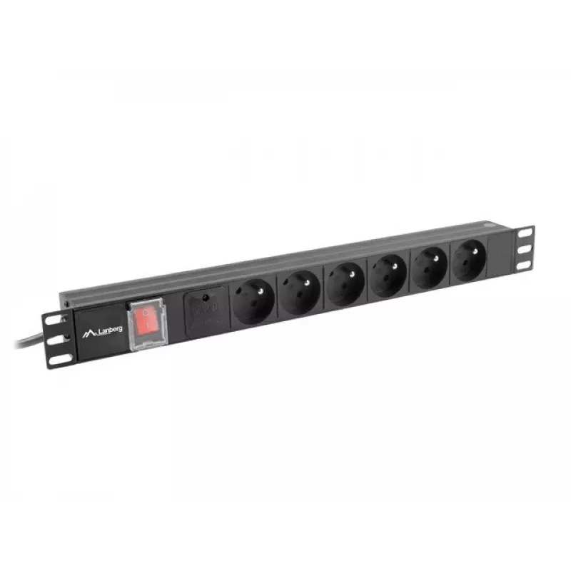 Maitinimo skirstymo įrenginys LANBERG PDU-06E-0200-BK — 6x E tipo lizdai, 16 A, 2 m kabelis, 1U stovas, 220–250 V