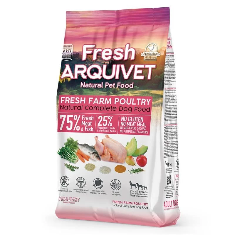 Sausas šunų maistas ARQUIVET Fresh Chicken and Oceanic Fish 10 kg — suaugusiems šunims, 27% baltymų, 17% riebalų, 20% drėgmės, maišas