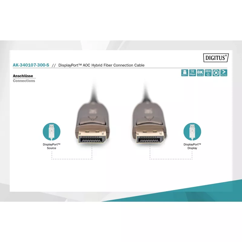 DisplayPort AOC hibridinis šviesolaidinis kabelis, UHD 8K (juodas, 30 metrų)