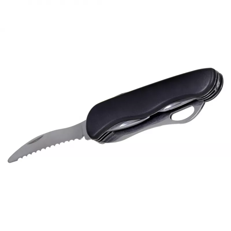 Kišeninis peilis AZYMUT HK20018 — pilno dydžio daugiafunkcis įrankis, 9 funkcijos, 420J2/3CR13 nerūdijantis plienas, sulankstytas 11 cm, 146 g, odinis dėklas, raktų pakabukas