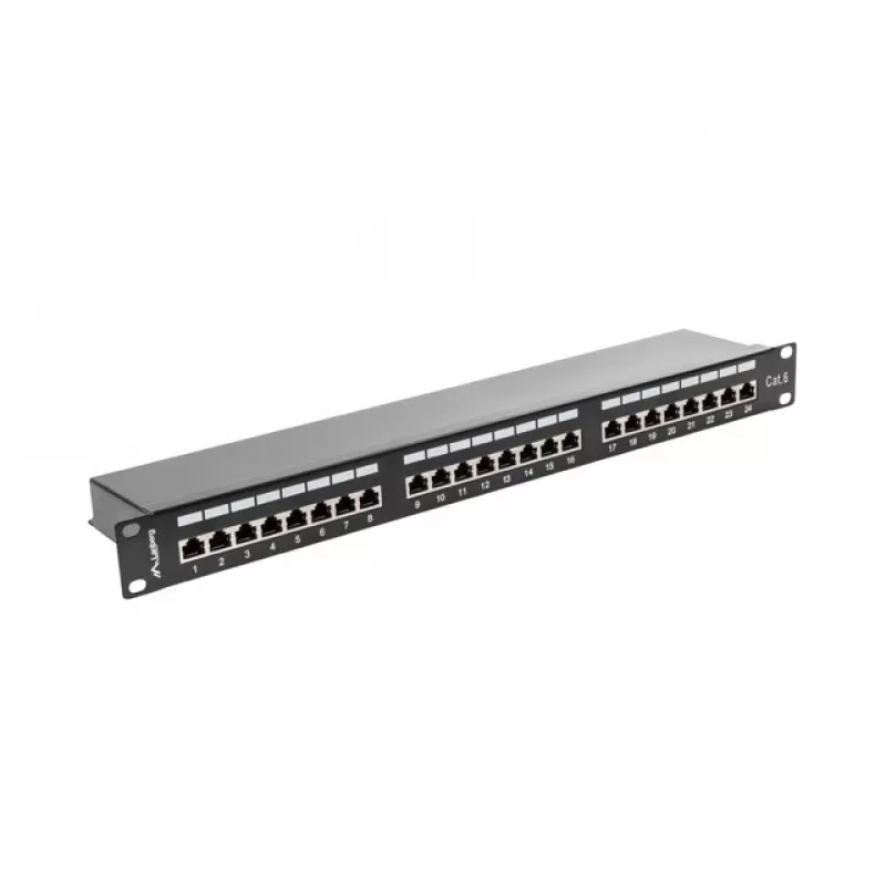 Patch panel 1U LANBERG PPS6-1024-B, 24 prievadų Cat6, metalinis, juodas, 442×114,5×44,5 mm